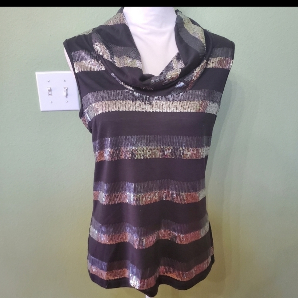 Laura Ashley Sequins Beaded Gray Silver Shell Top Size L